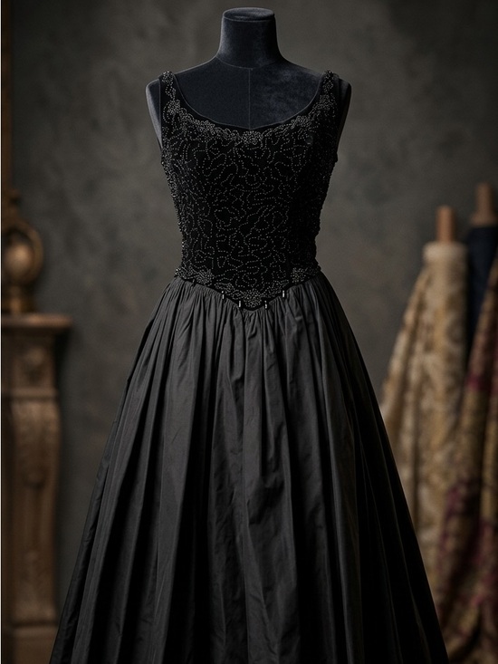 Smart Miss Dresses & Skirts - Gothic glam Black Velvet taffeta Midi Dress Whimsigoth Beaded Basque waist XS/S‎